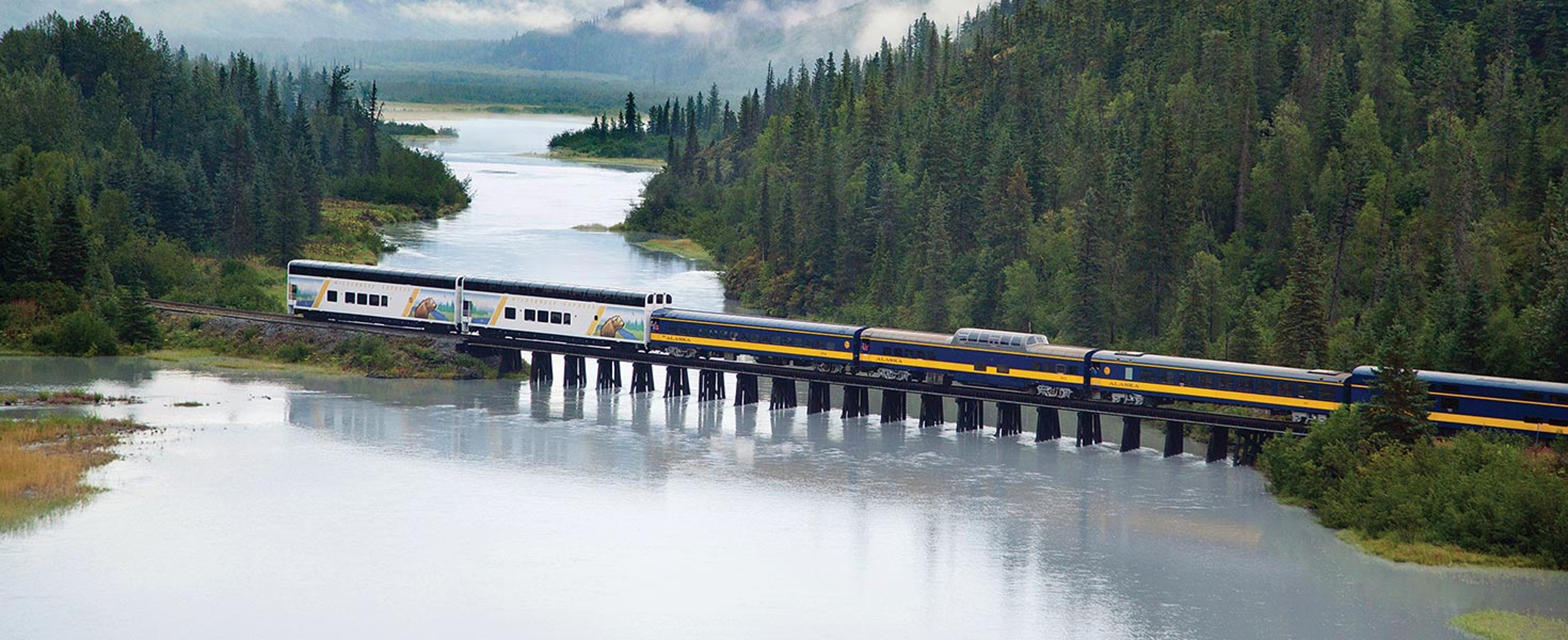 Celebrity cruise tour train going through Alaska wilderness