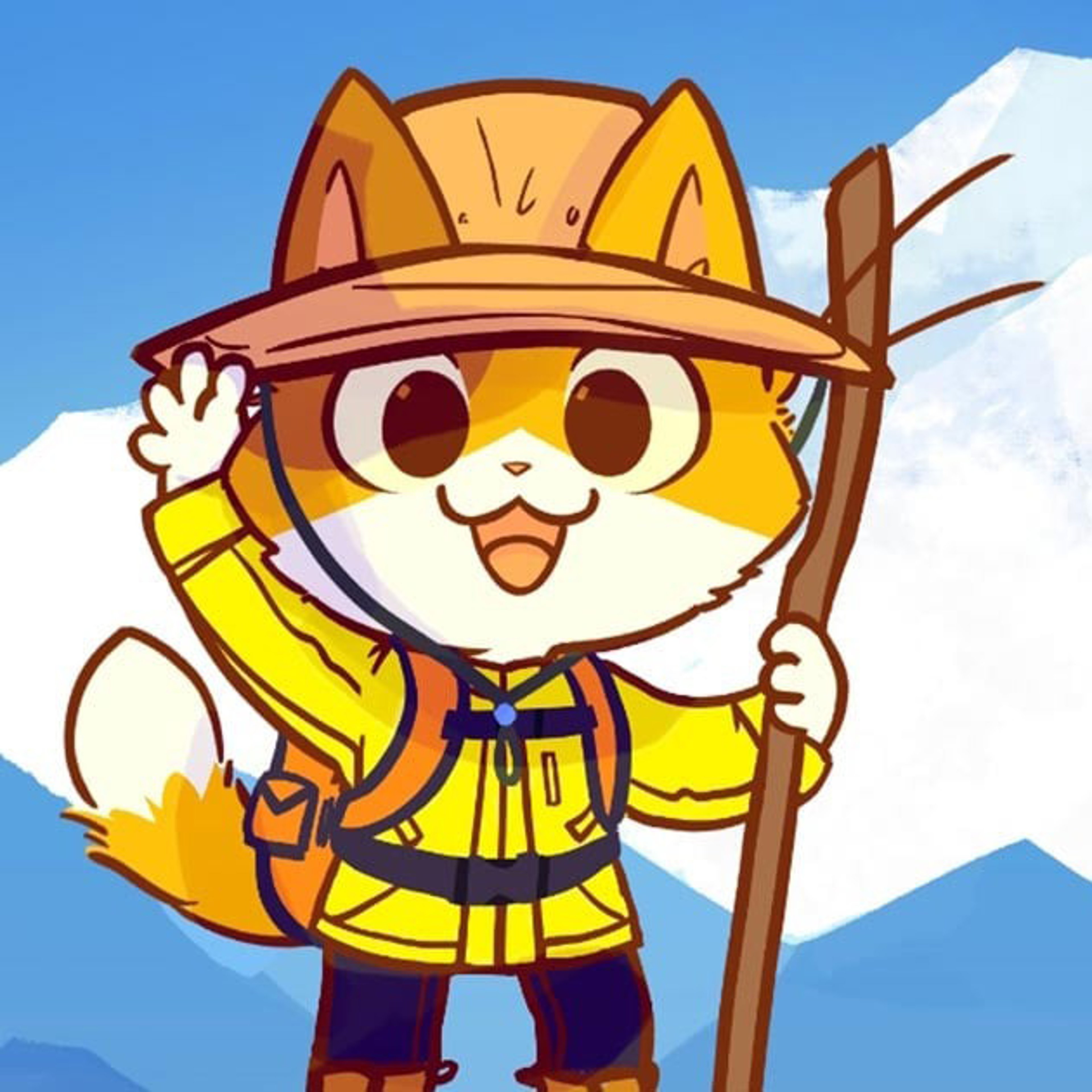 Cartoon cat named Kee Kee in hiking gear with a wide-brimmed hat and walking stick against a mountain backdrop.