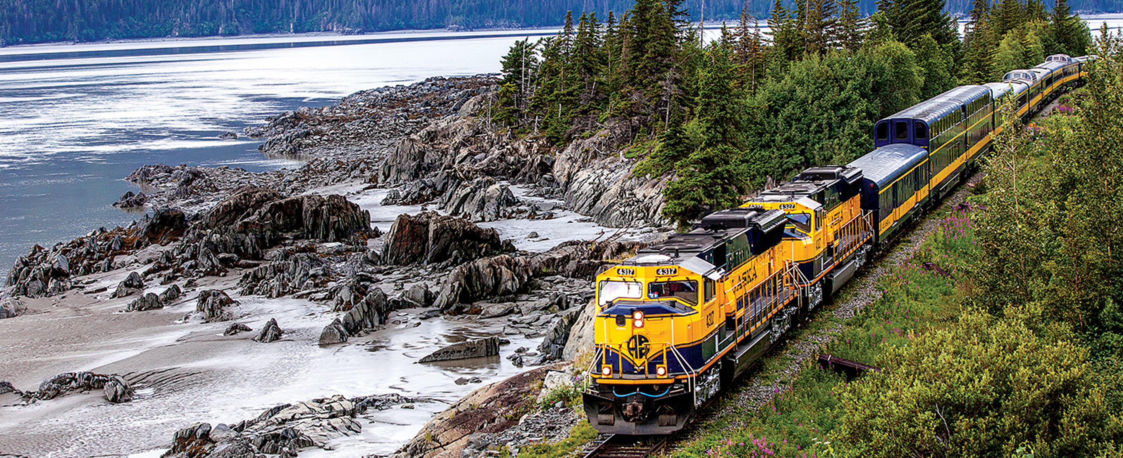 This image depicts an Alaska Railroad train, likely traveling the Coastal Classic route between Anchorage and Seward.