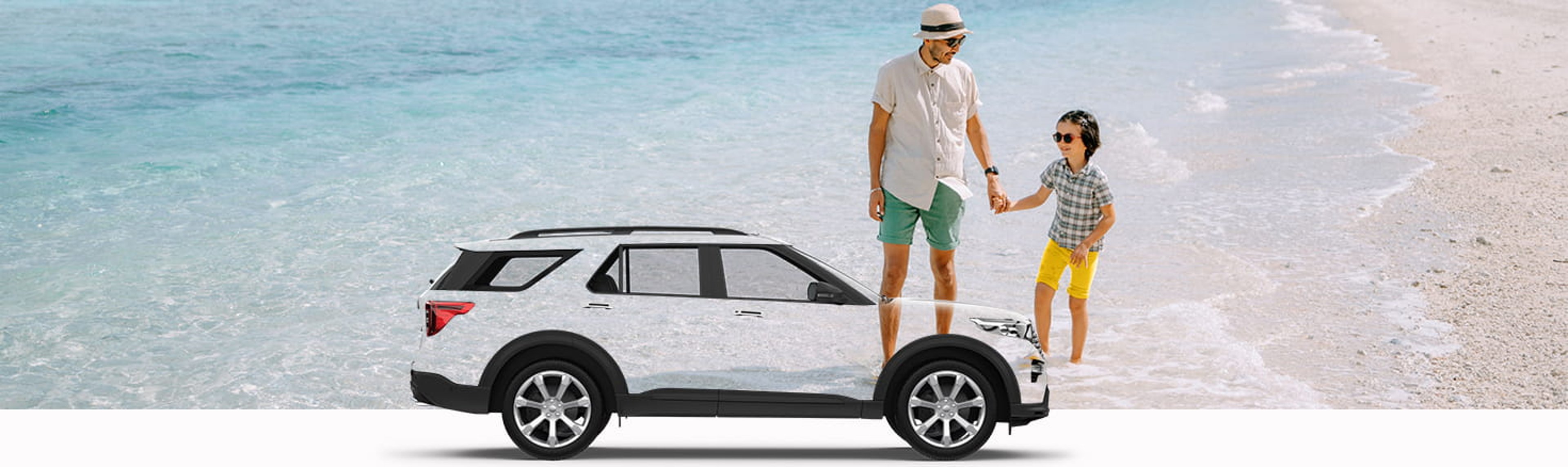 Father with child at beach, stepping into the water. Concept image with Hertz rental car at forefront.