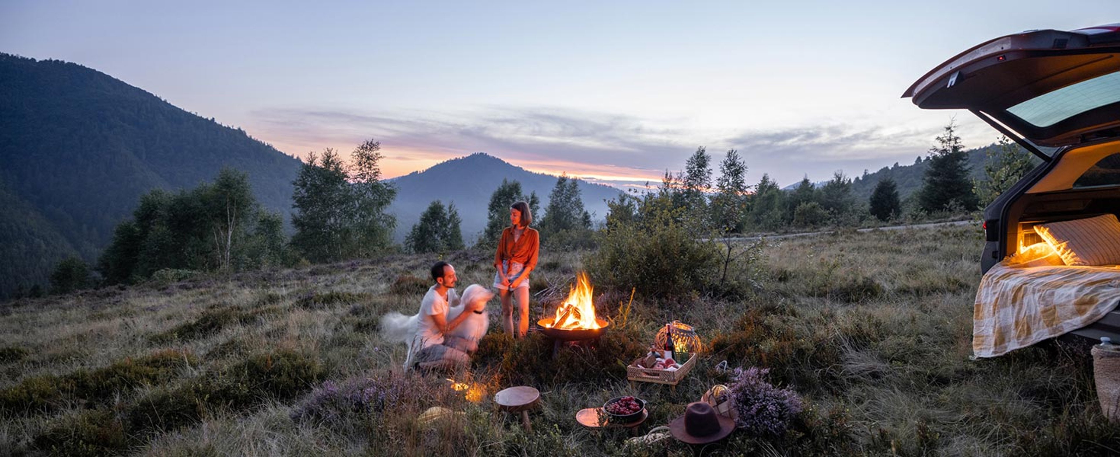 Couple camping with dog