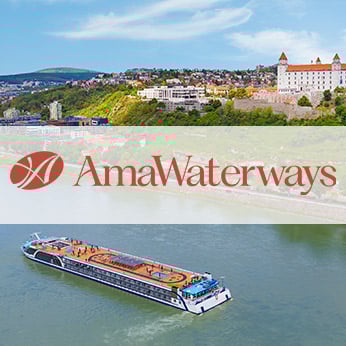 AmaWaterways' AmaMagna cruising in Europe with logo over the top of the picture