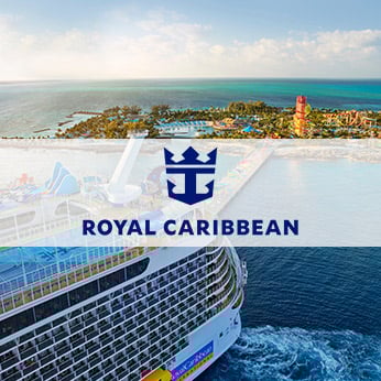 Royal Caribbean cruise ship docked at Perfect Day with logo over the top of the image