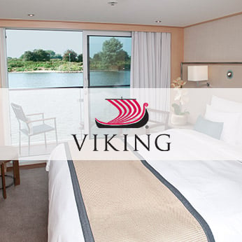 Viking logo imposed over a picture of one of their river cruise staterooms