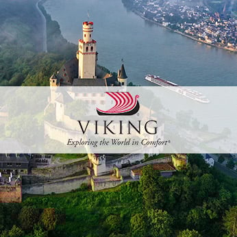 Viking ship cruising past Castle with logo over the top of the image