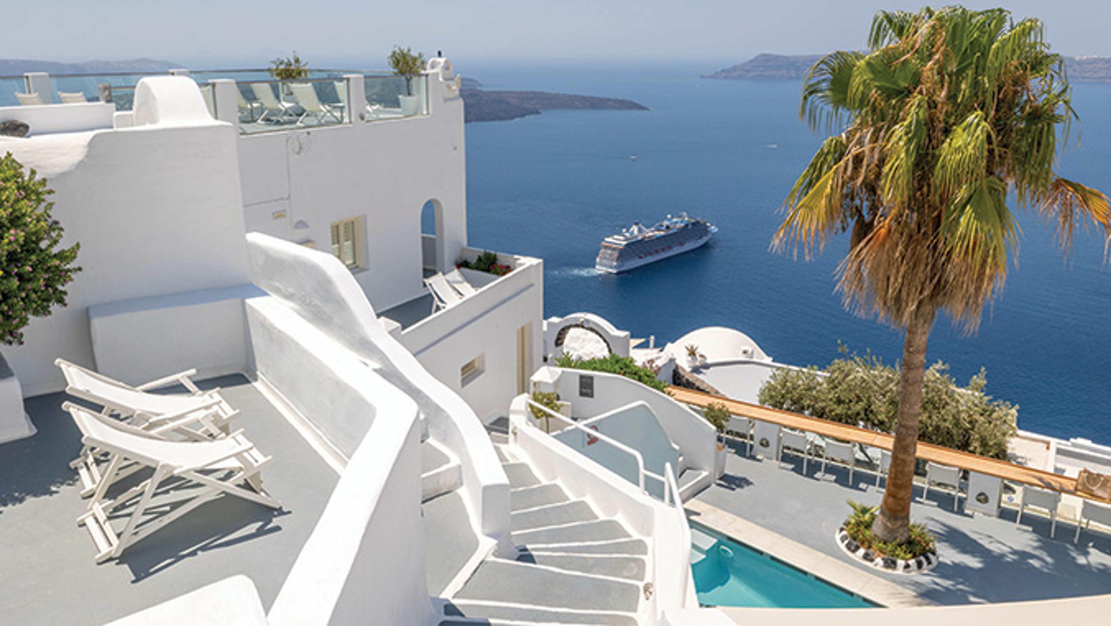 White architecture on Santorini island, Greece. Summer landscape, sea view.