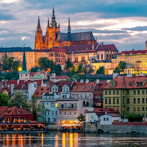  scenic evening view of Prague Castle, the largest ancient castle complex in the world
