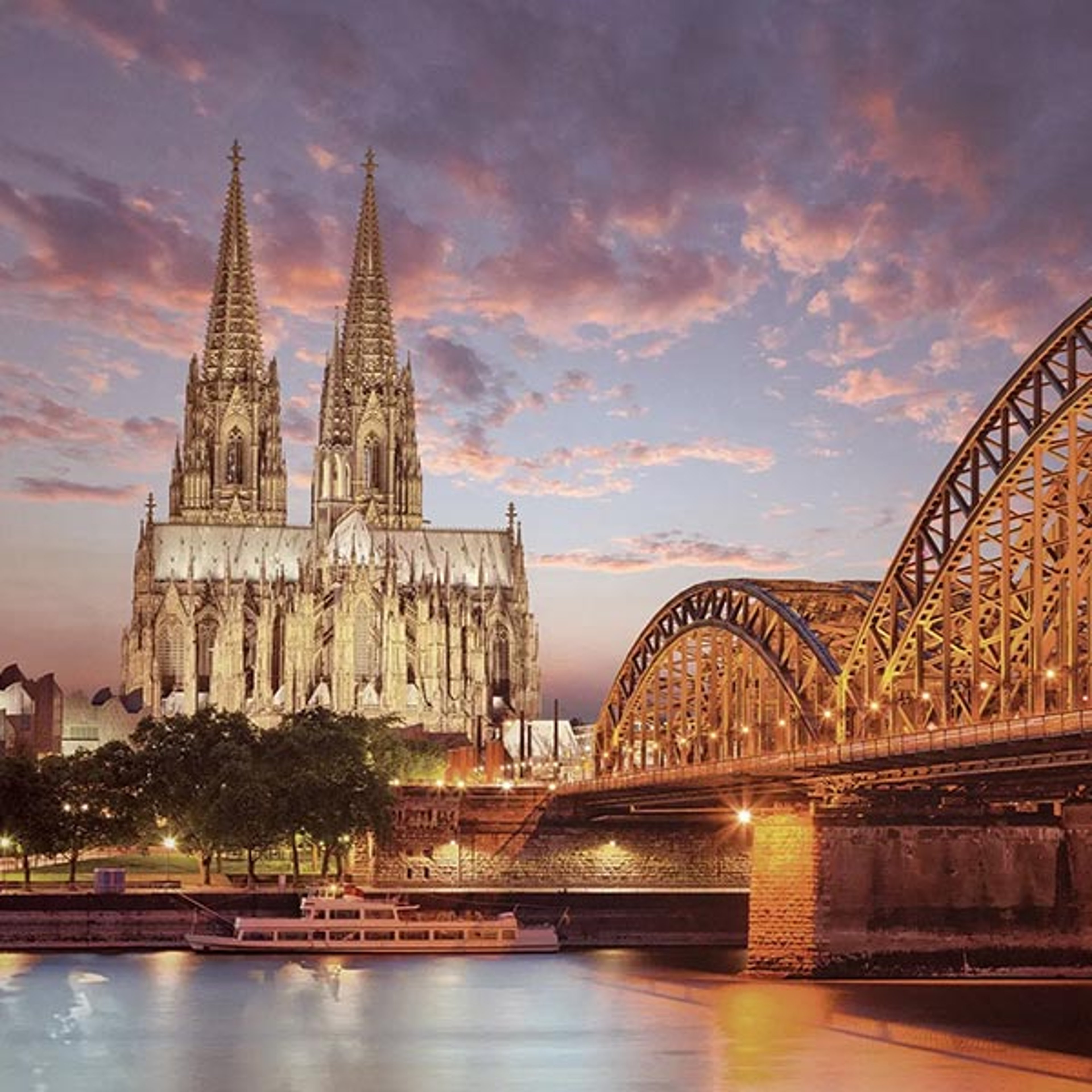 European bridge and cathedral in the twlight