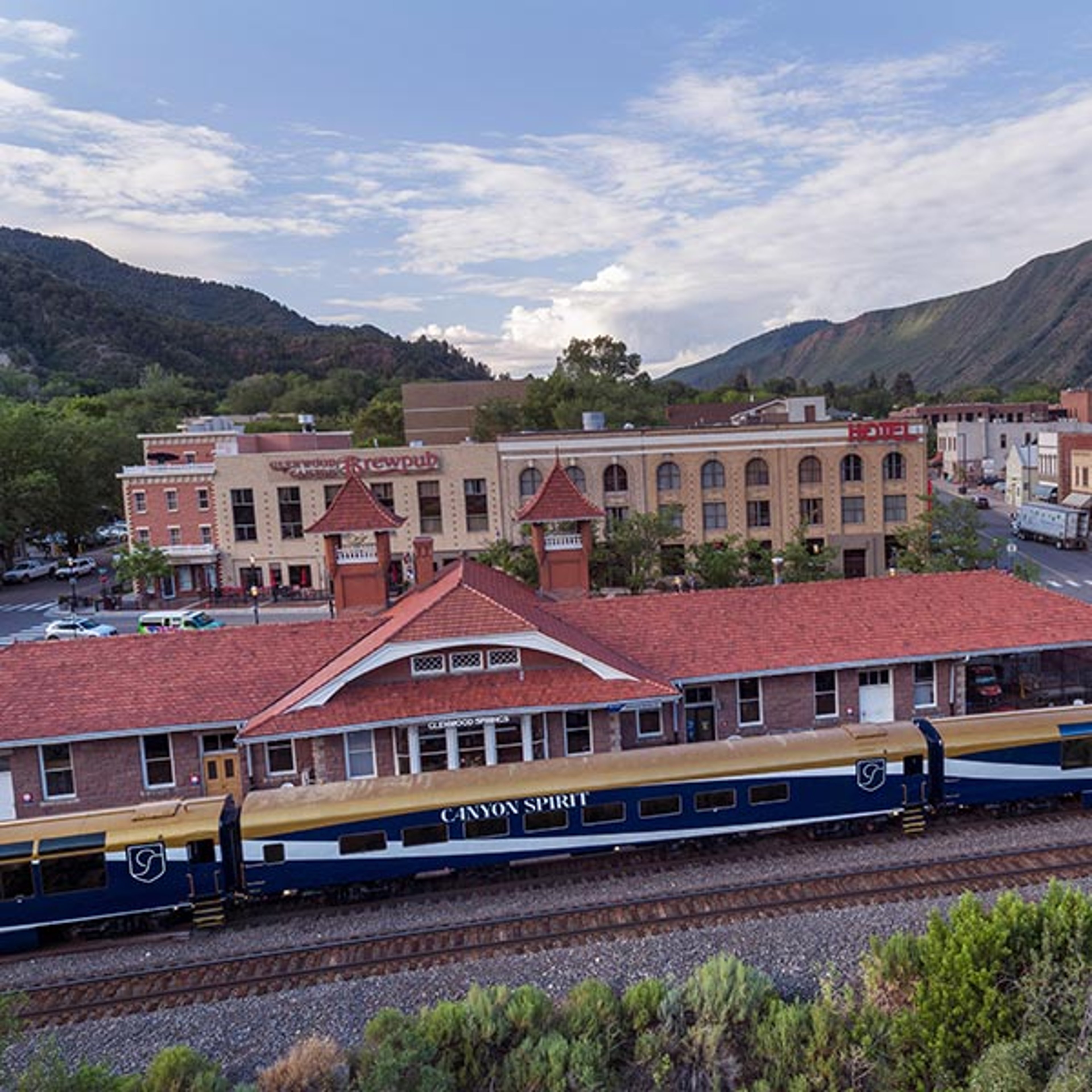 Canyon Spirit luxury train stopped at the depot in Glenwood Springs