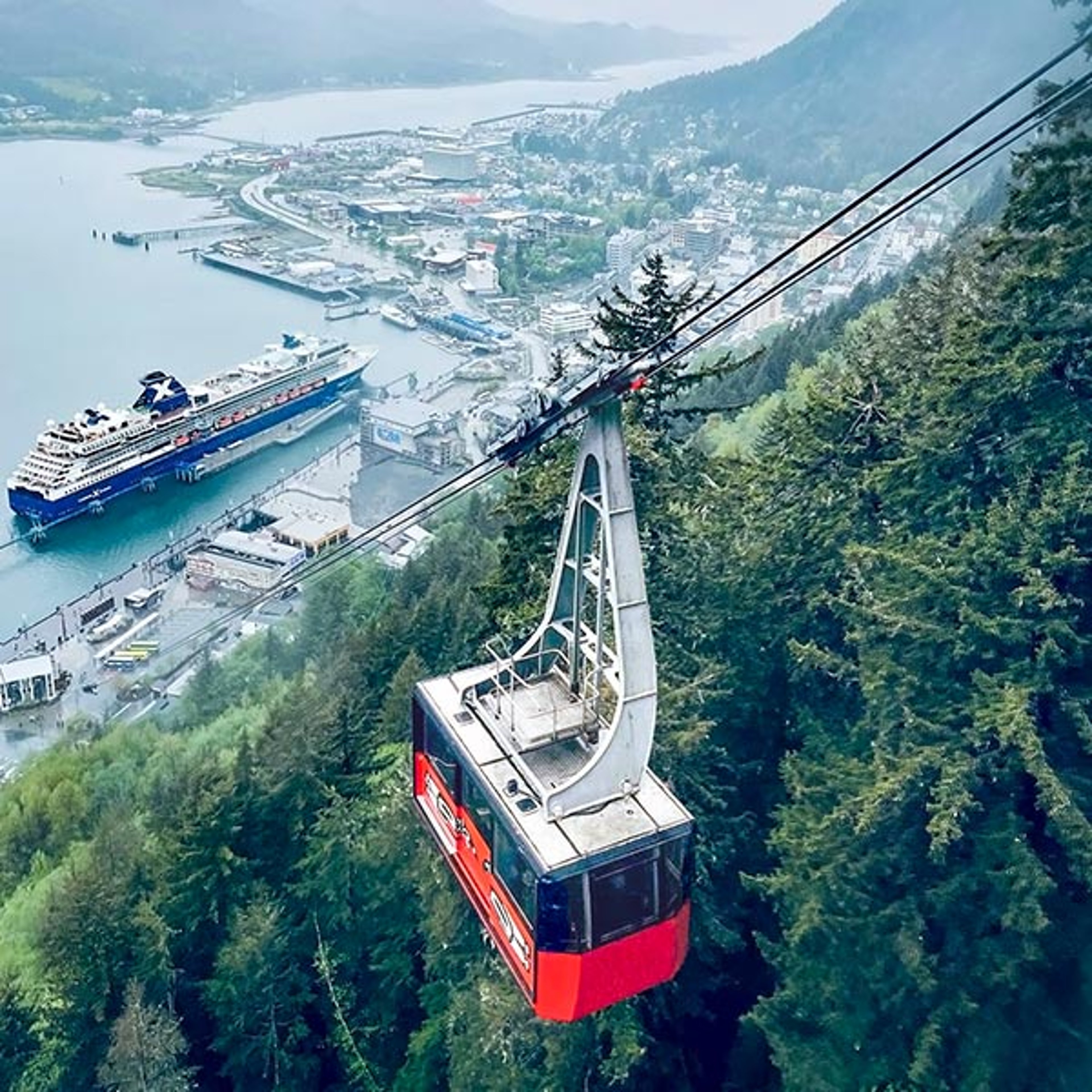 Tram in Alaska with Celebrity ship in background