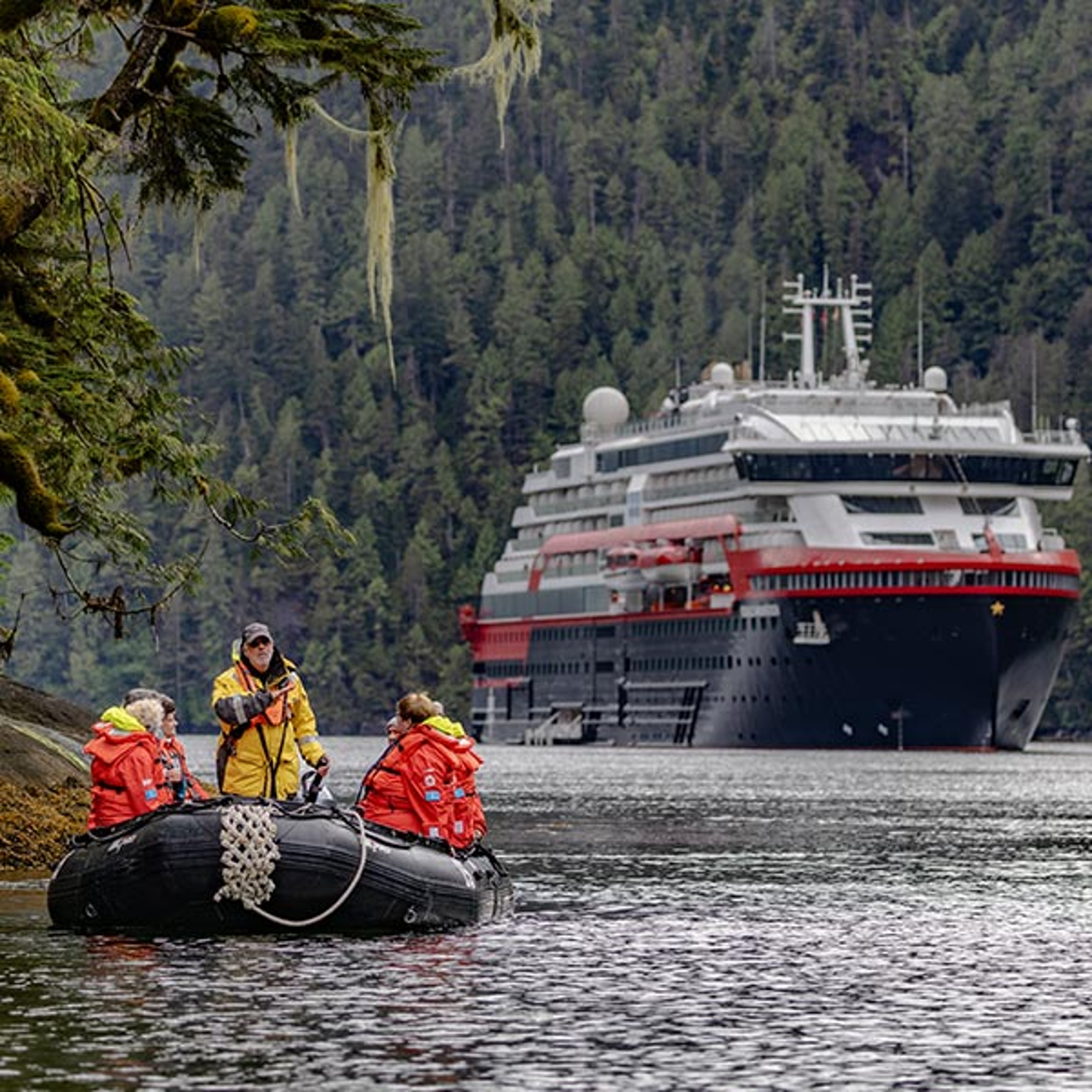 Group on Excursion in Misty Fjord with HX ship in background