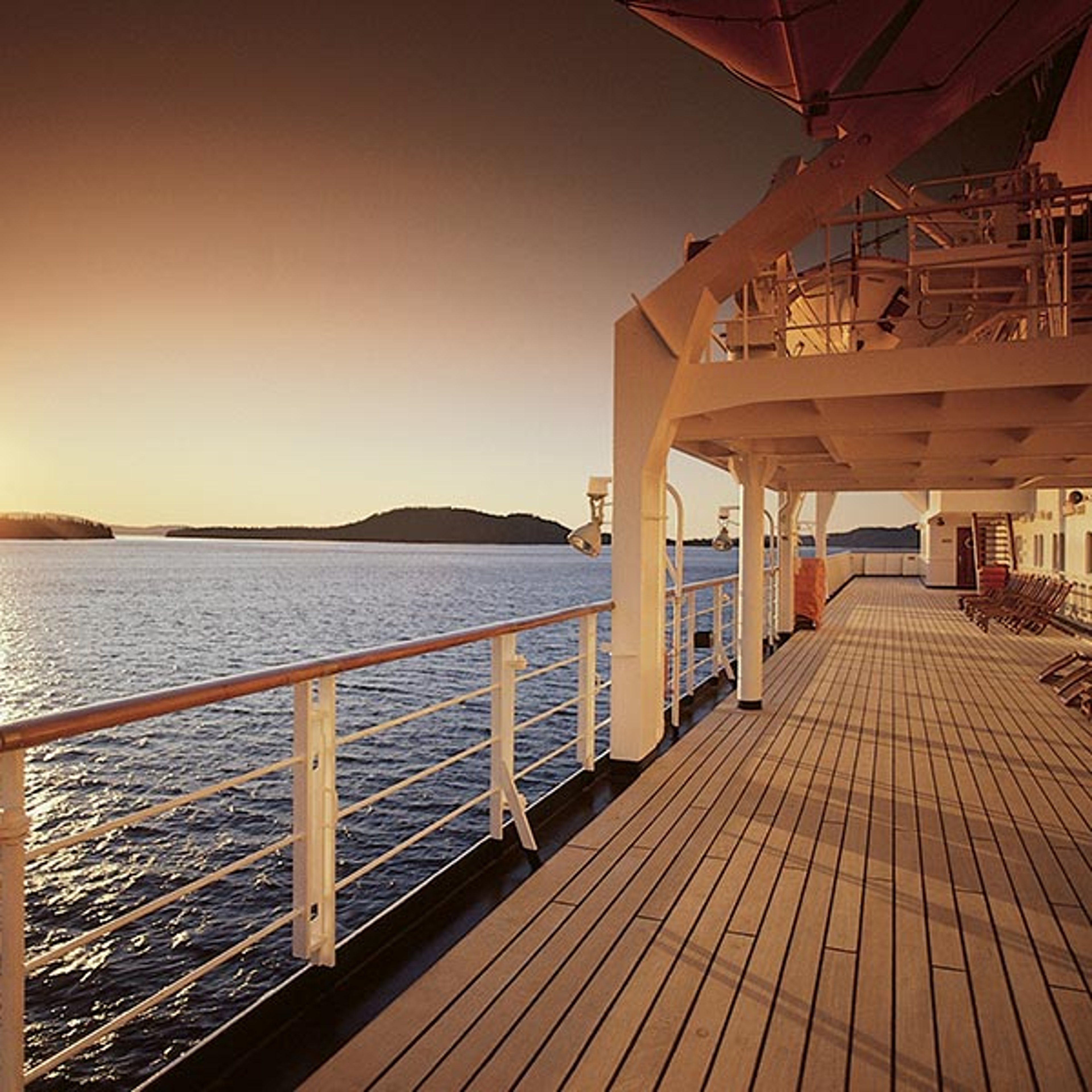 Deck of Holland America ship at sunset
