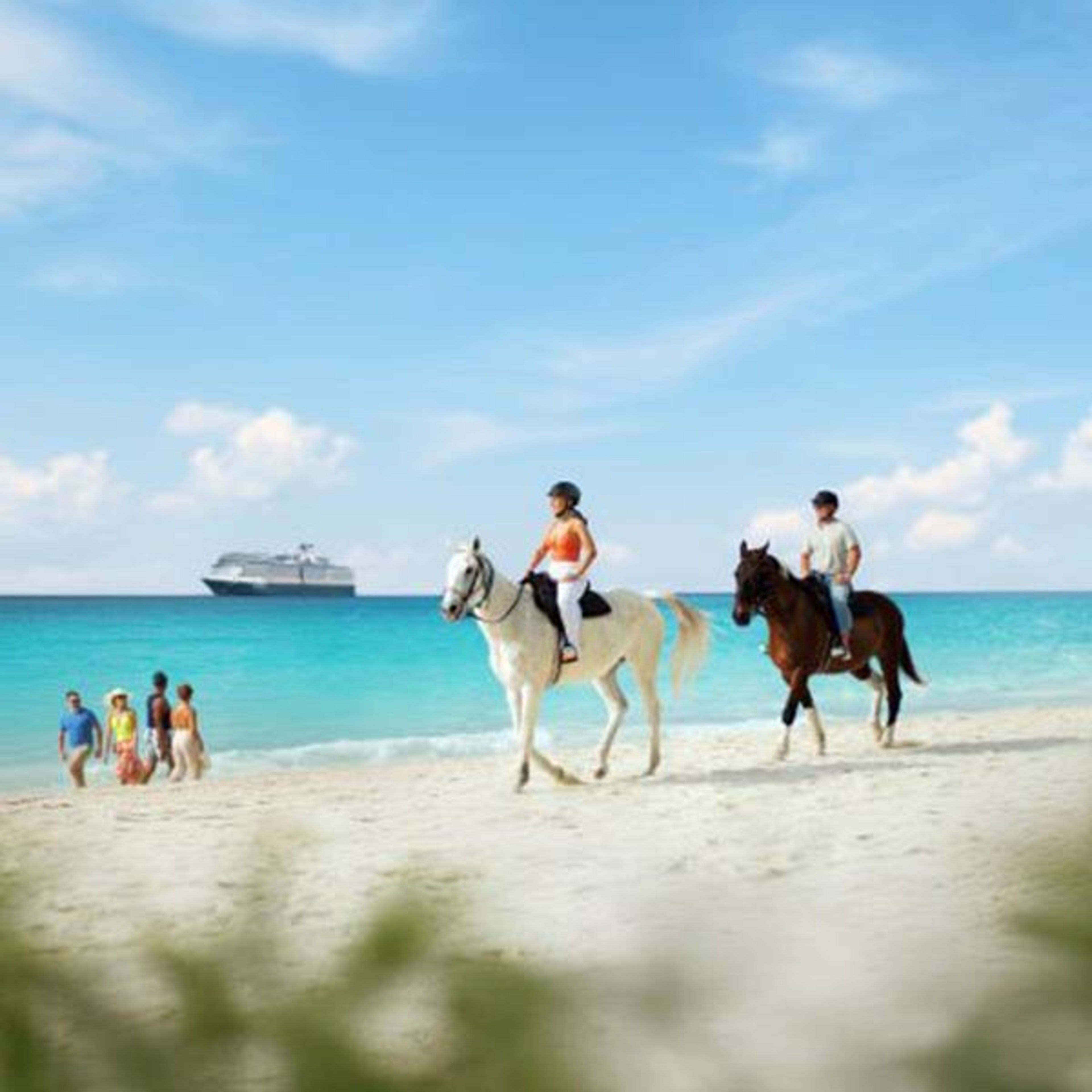 horse back riders strolling along beach with Holland America ship in backgroud