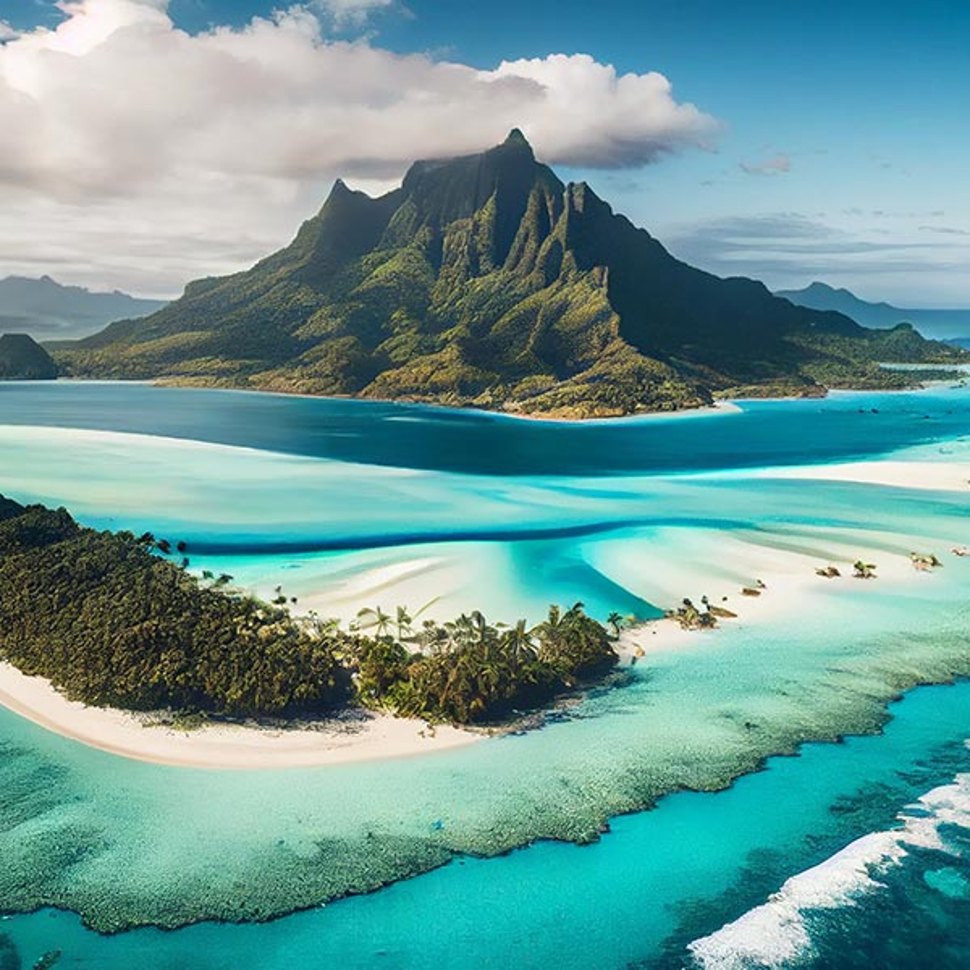 This image shows an aerial view of the turquoise lagoon and coral reefs surrounding the island of Bora Bora in French Polynesia, with the prominent peak of Mount Otemanu rising in the background