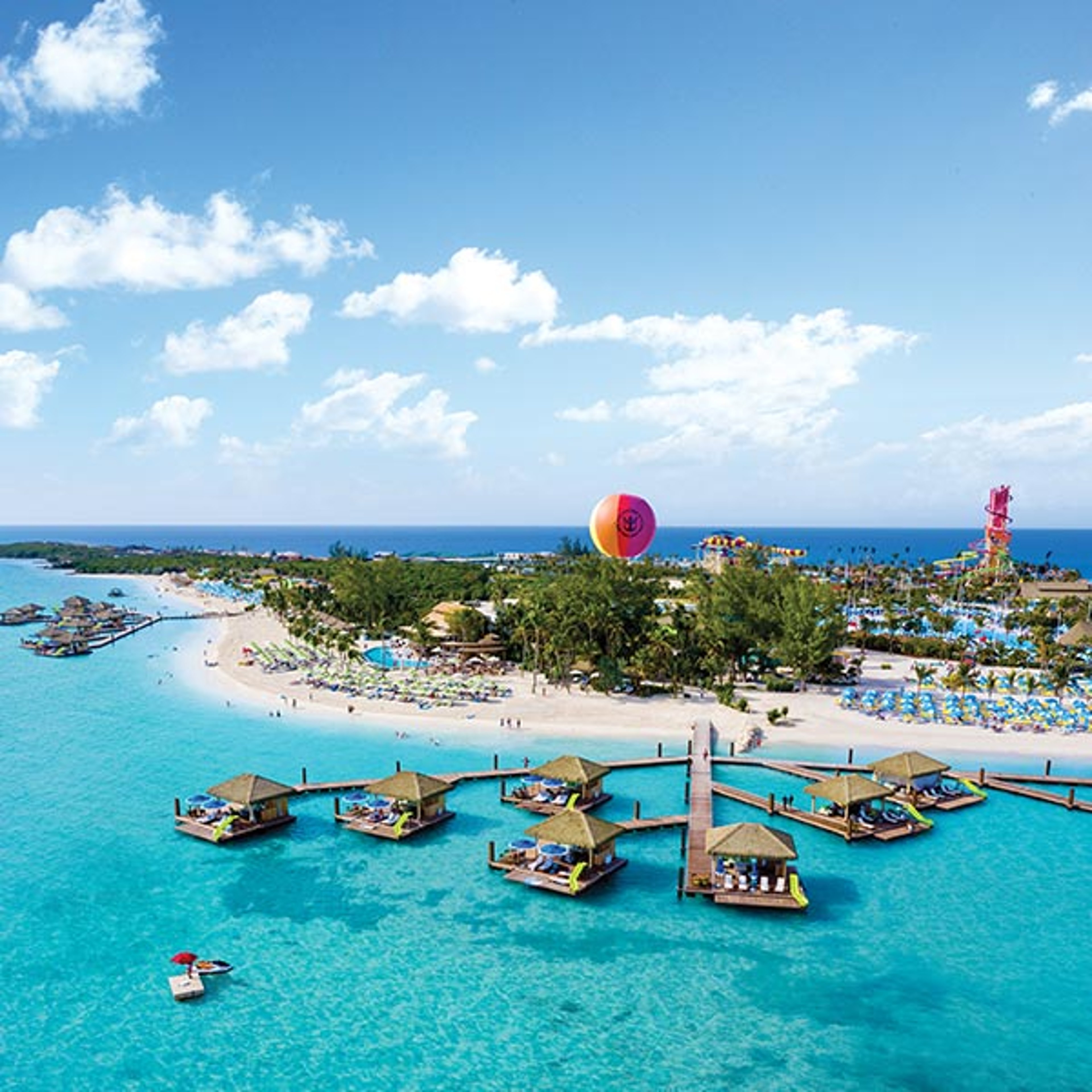 Aerial view of the Royal Caribbean Perfect Day CocoCay cabanas
