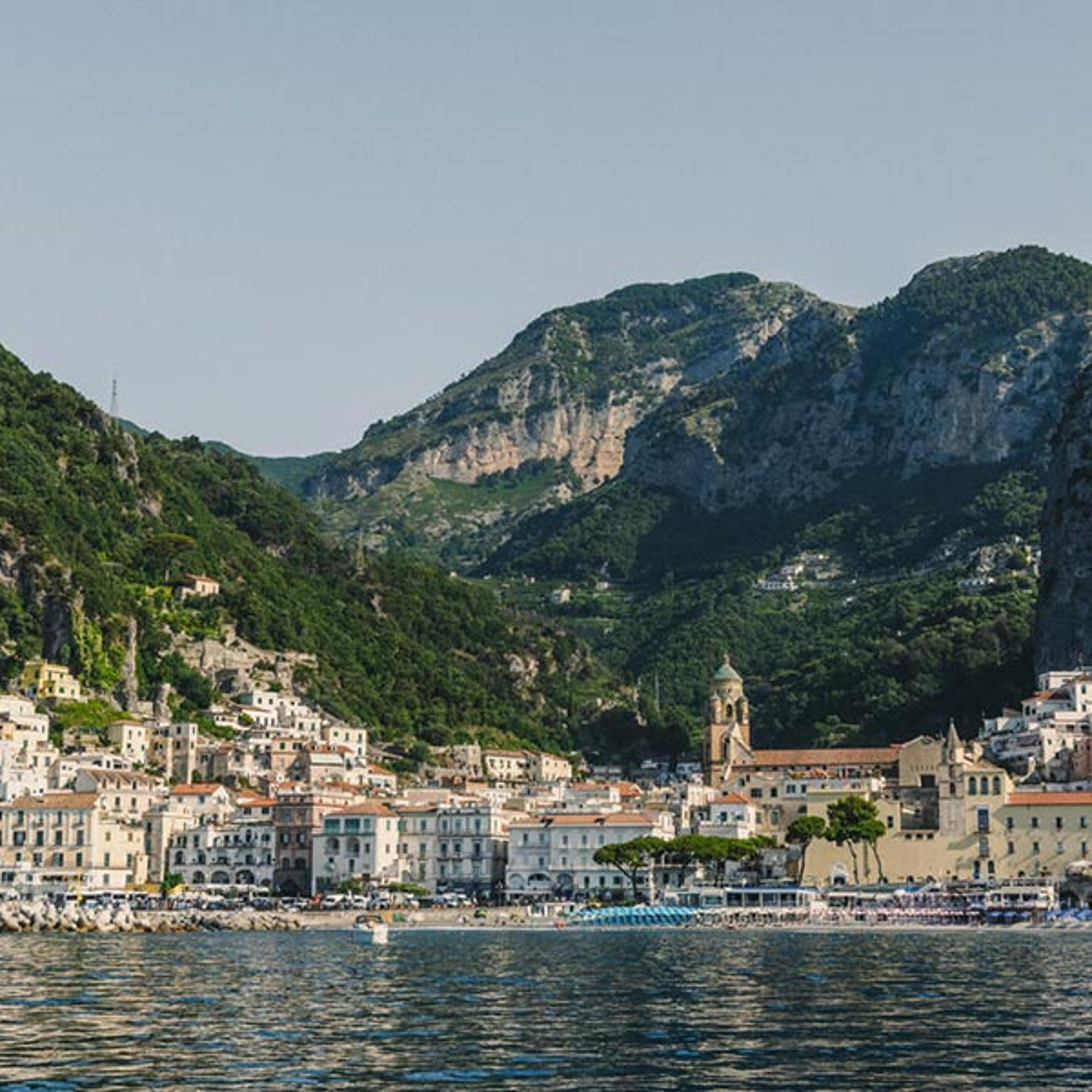 Scenic Amalfi coastal scene with mountains in background