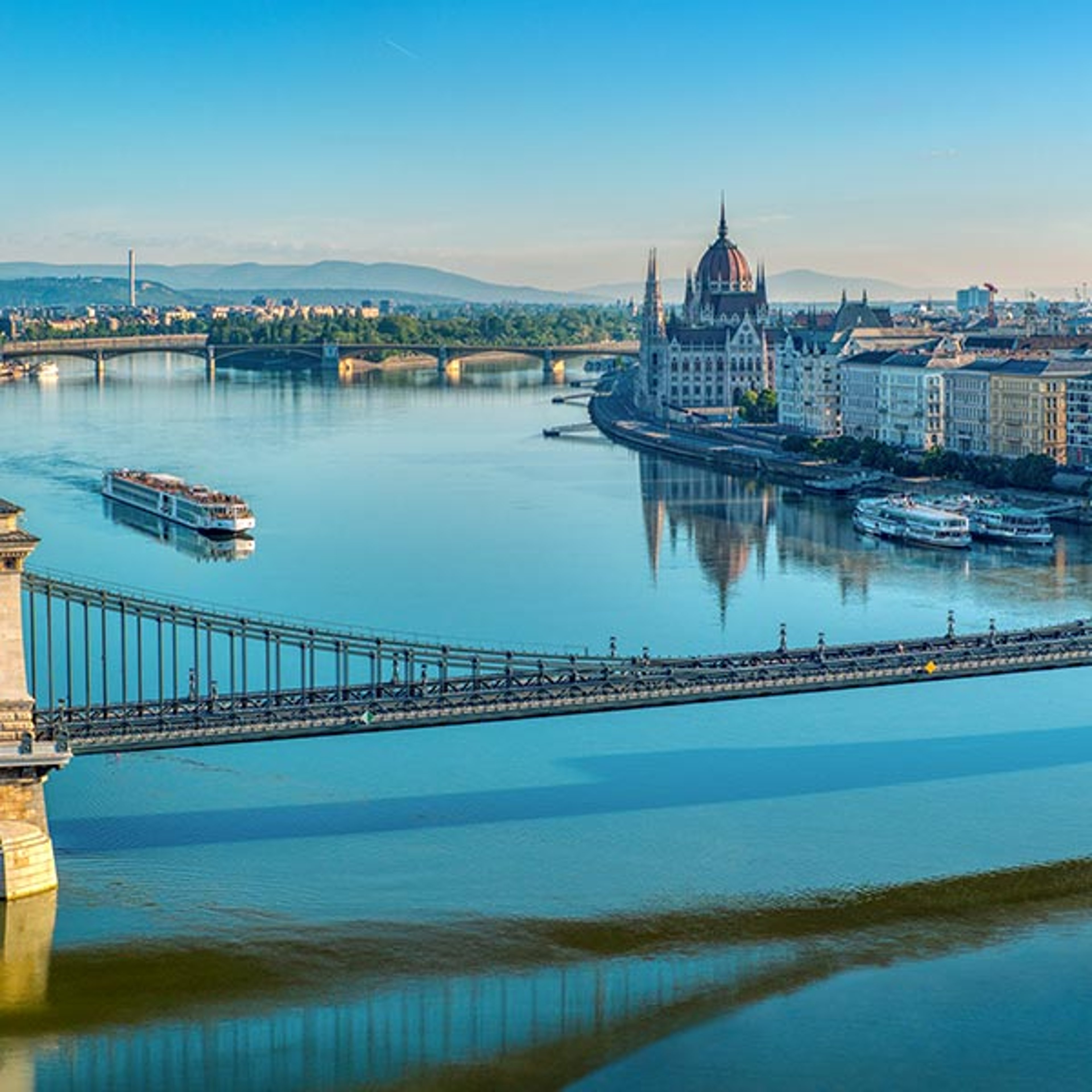 Viking longship cruising through Budapest