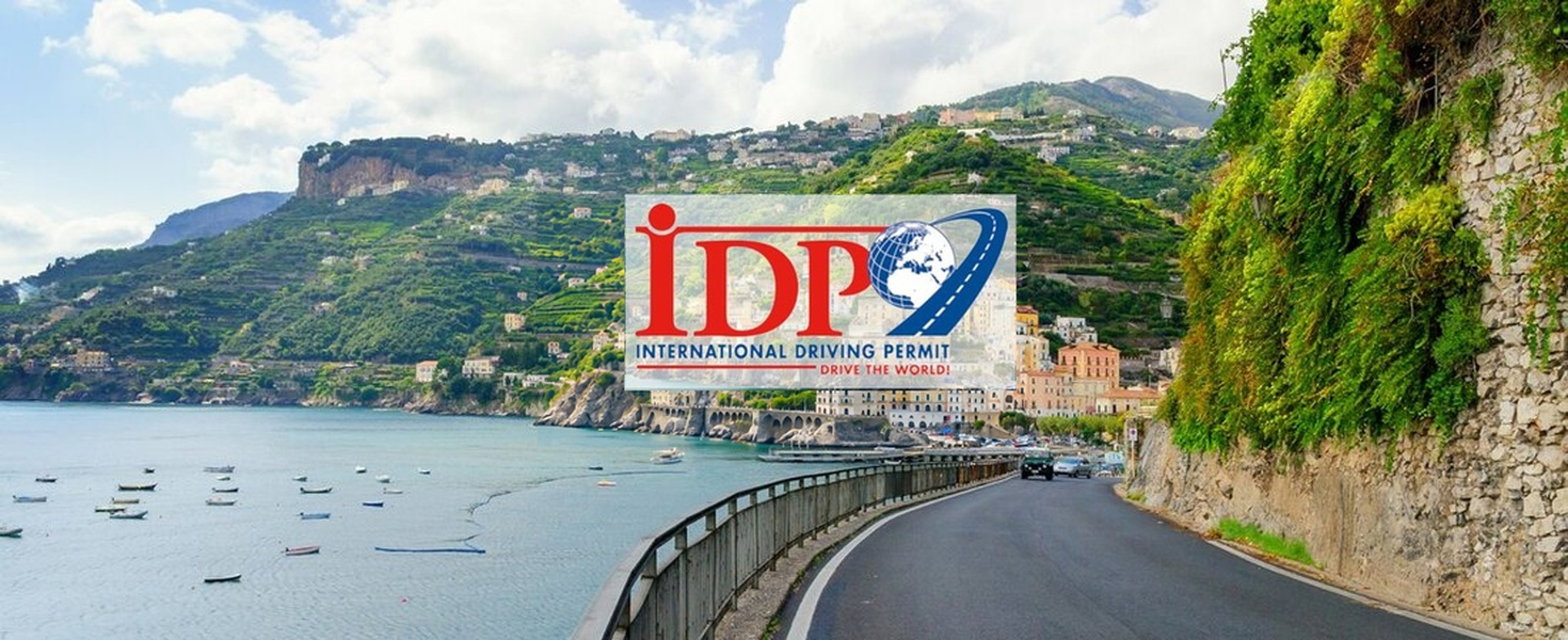 International Driving Permit logo above a scenic coastal road