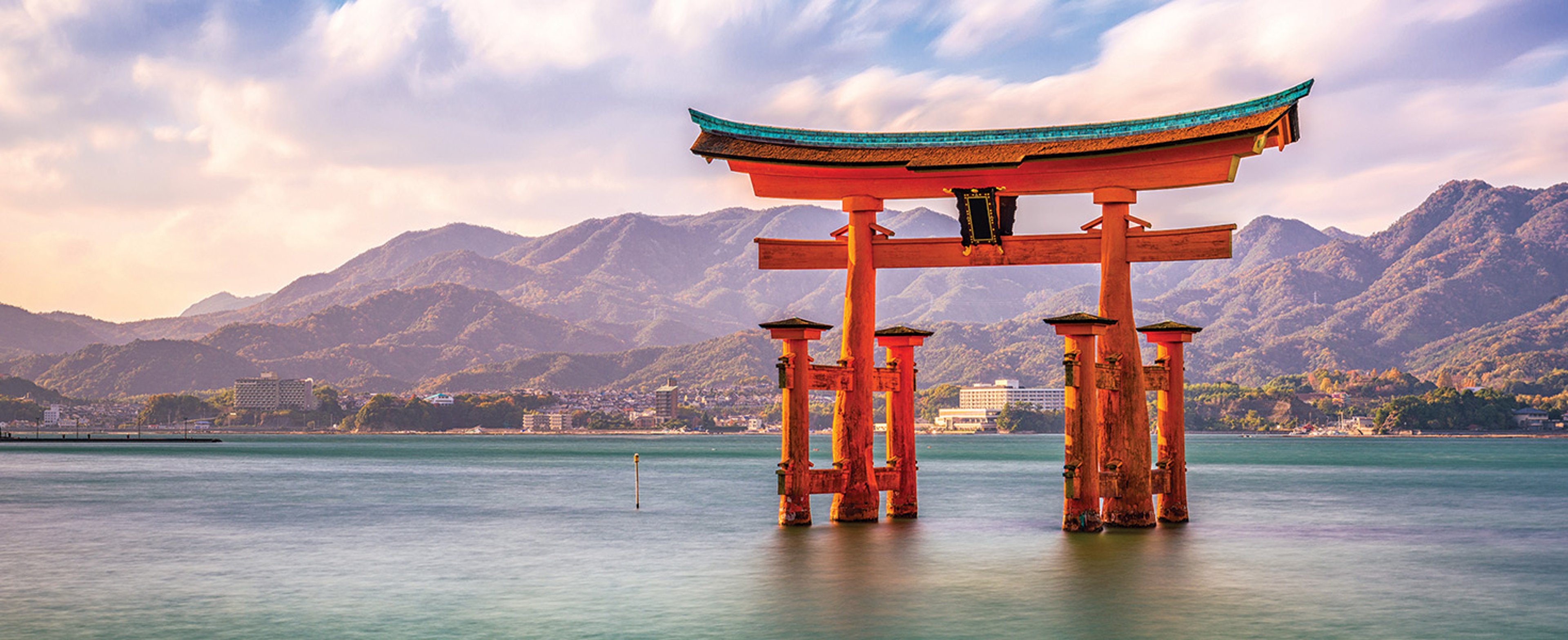  iconic "floating" torii gate of Itsukushima Shrine located on Miyajima Island in Japan