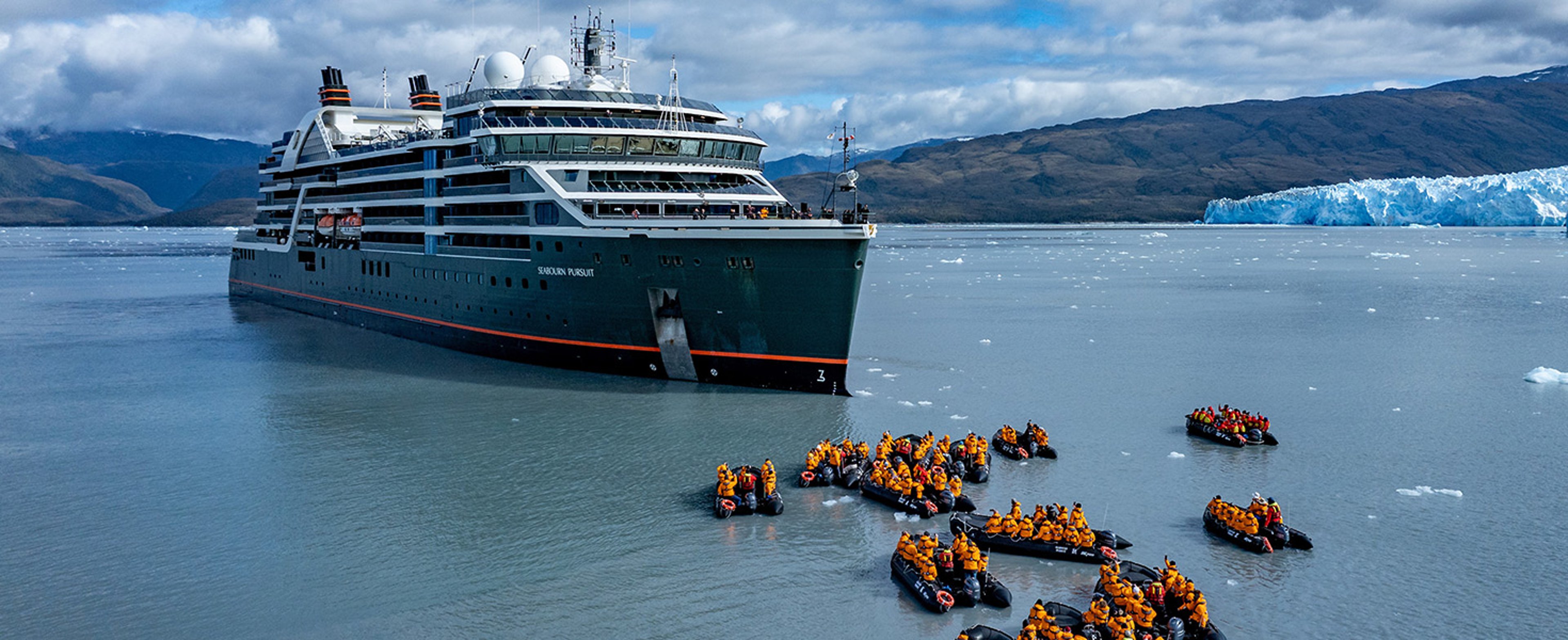 Seabourn Pursuit navigating icy waters, typical of their itineraries in Antarctica, South Georgia, or the Chilean Fjords.