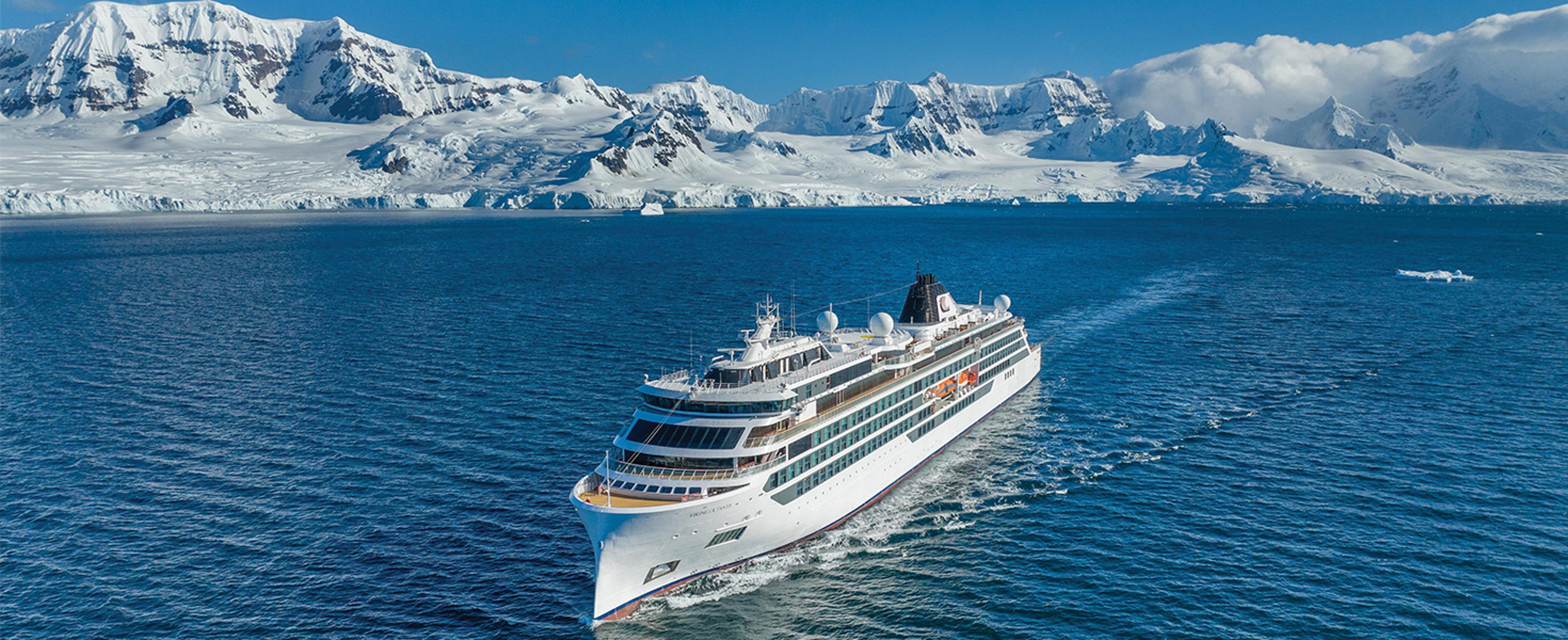 a Viking Expeditions polar cruise ship navigating the icy waters of Antarctica.