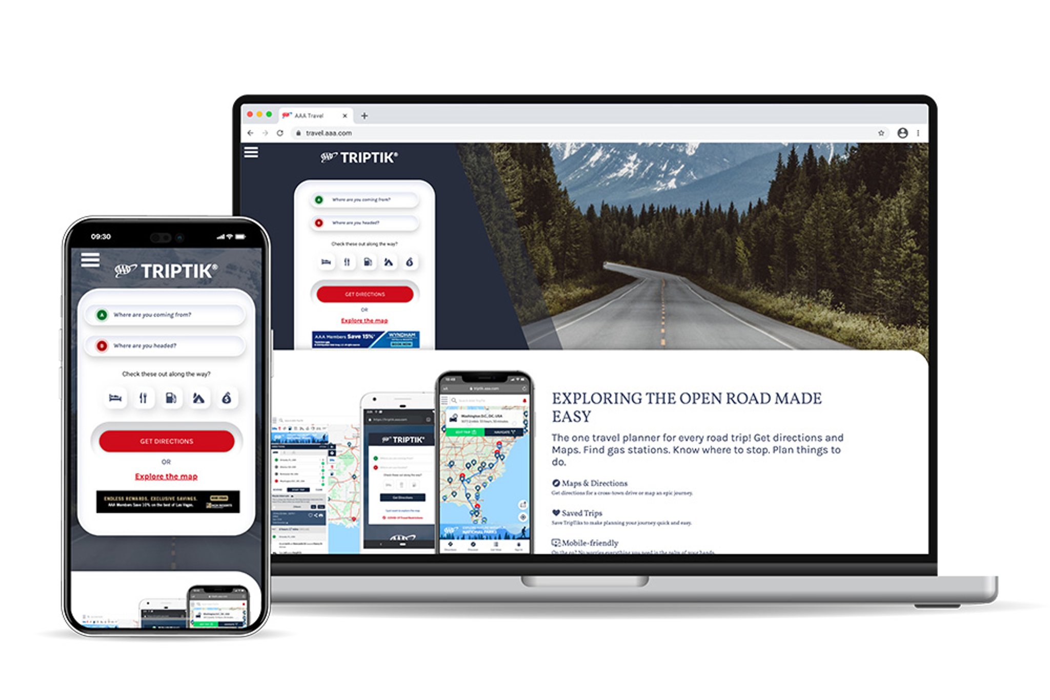 Mobile phone and laptop showing home screen of AAA TripTik application