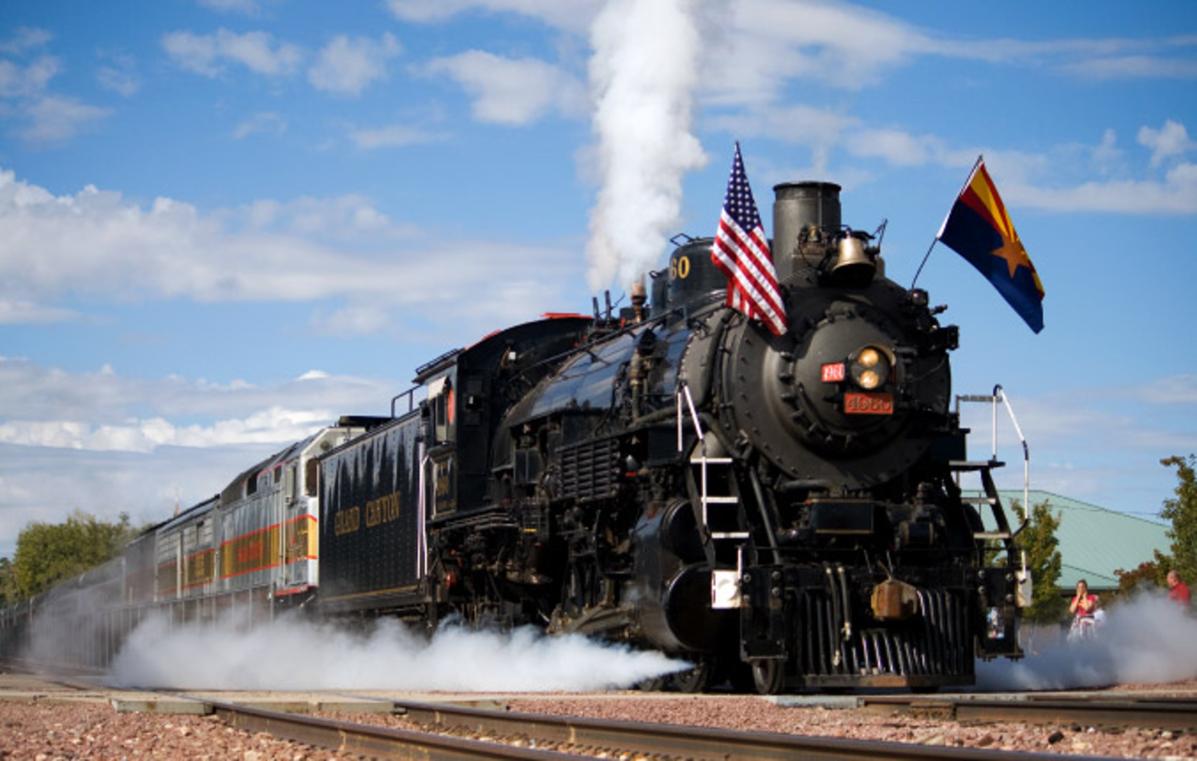 View of the front of Grand Canyon Railway’s historic steam engine transporting guests from Williams, AZ to the Grand Canyon