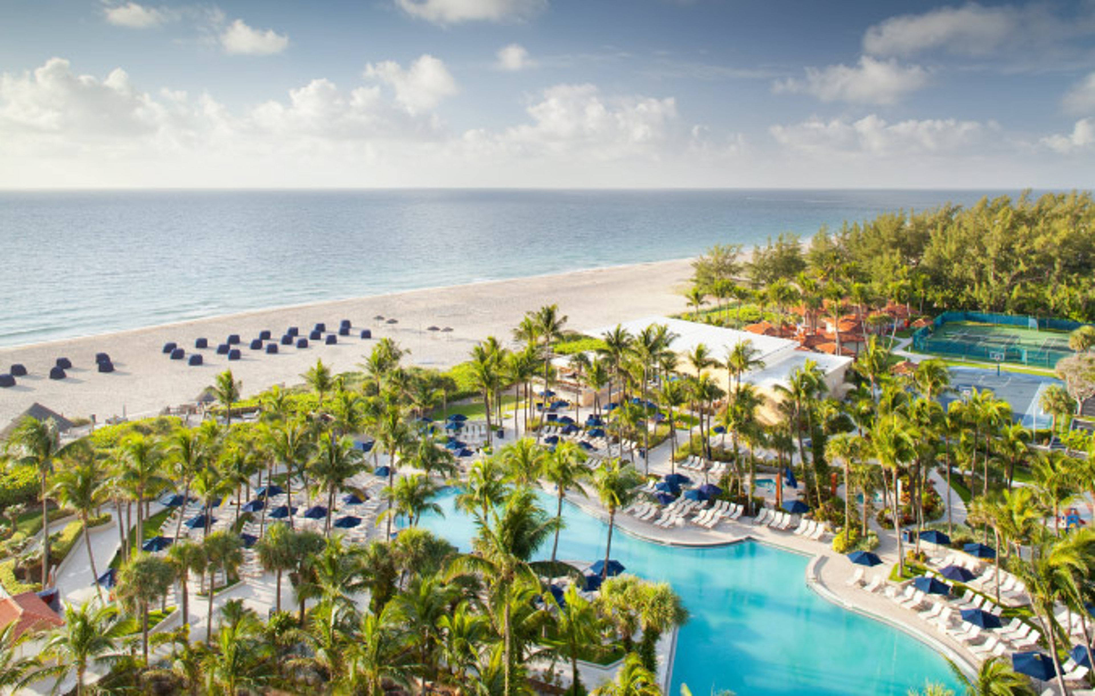Aerial view showing the swimming pool area at the Fort Lauderdale Marriott Harbor Beach Resort & Spa.