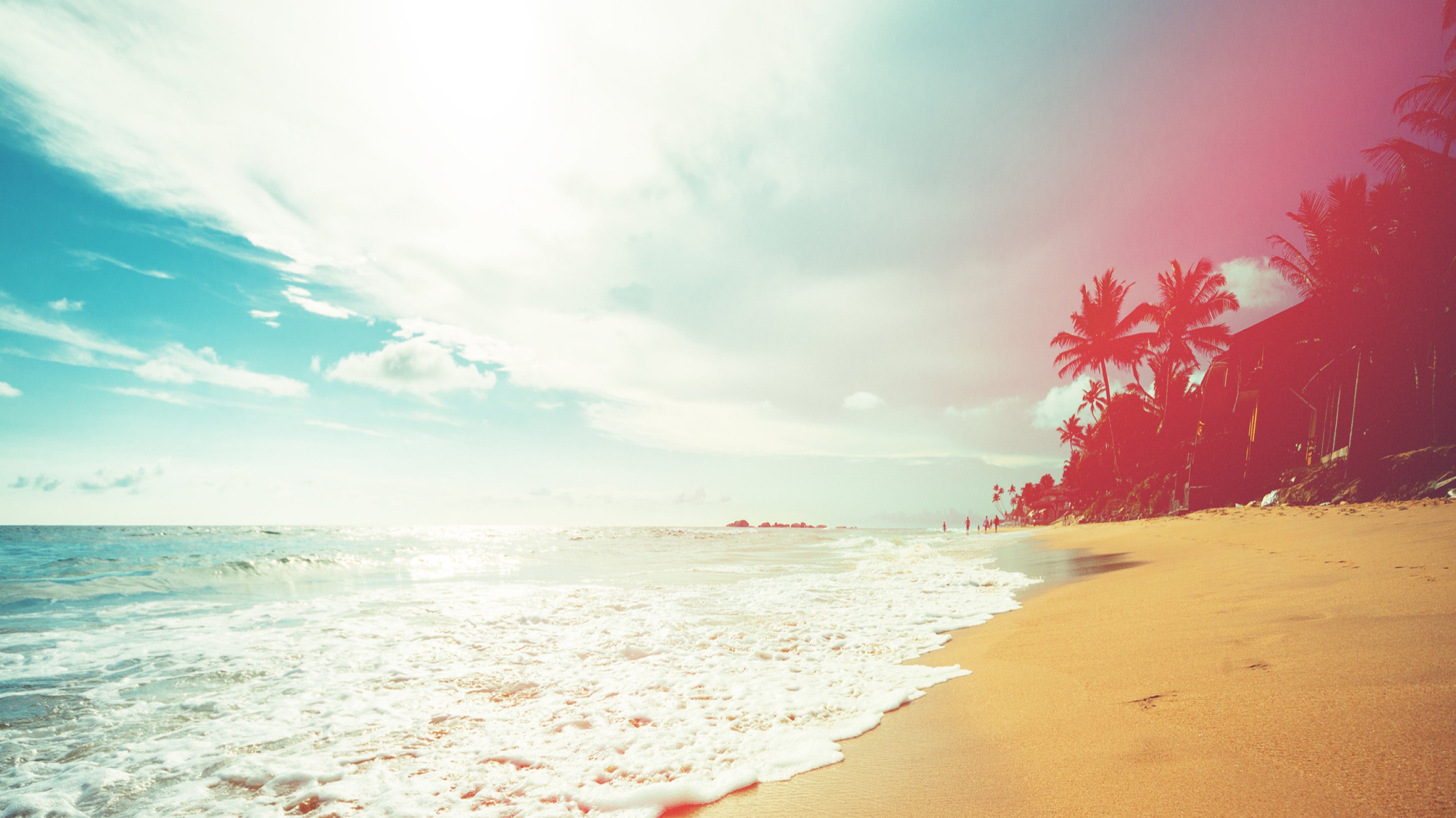 Serene beach with gentle waves, palm trees, and a vibrant sky