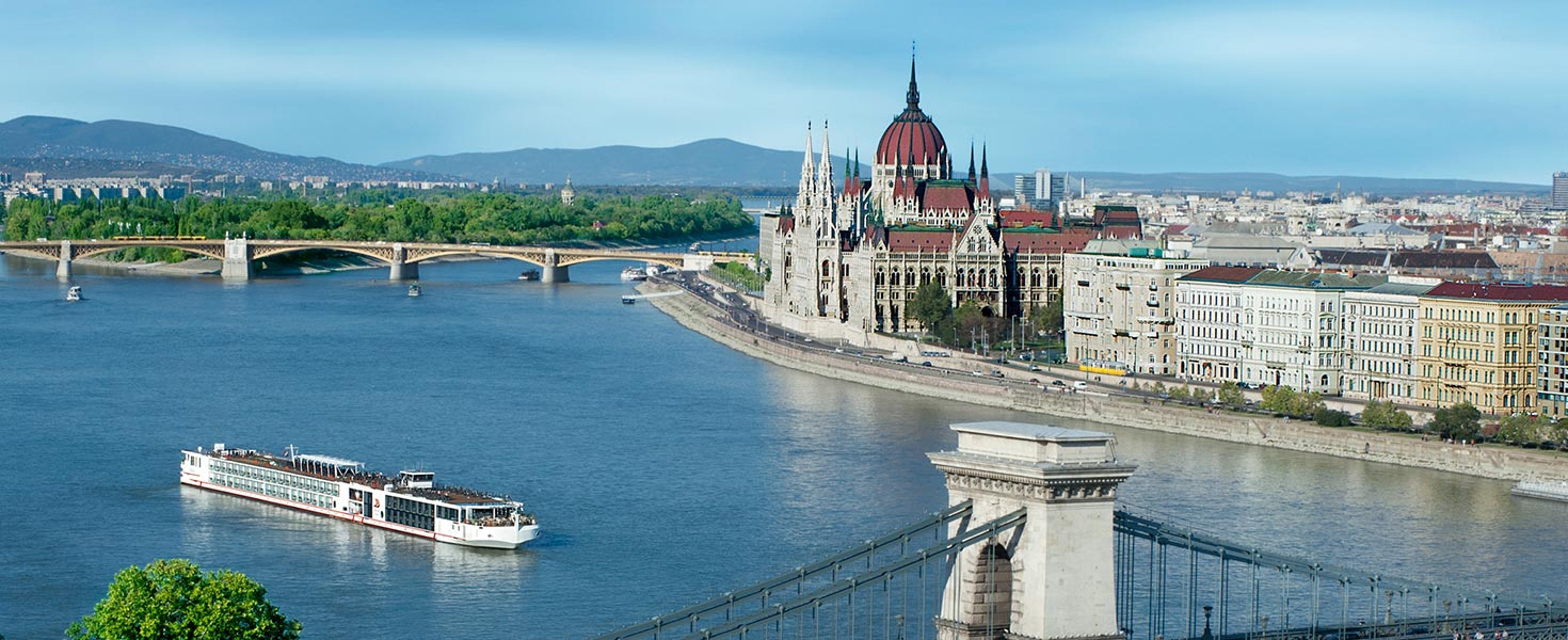 Viking river cruise ship sailing by Budapest