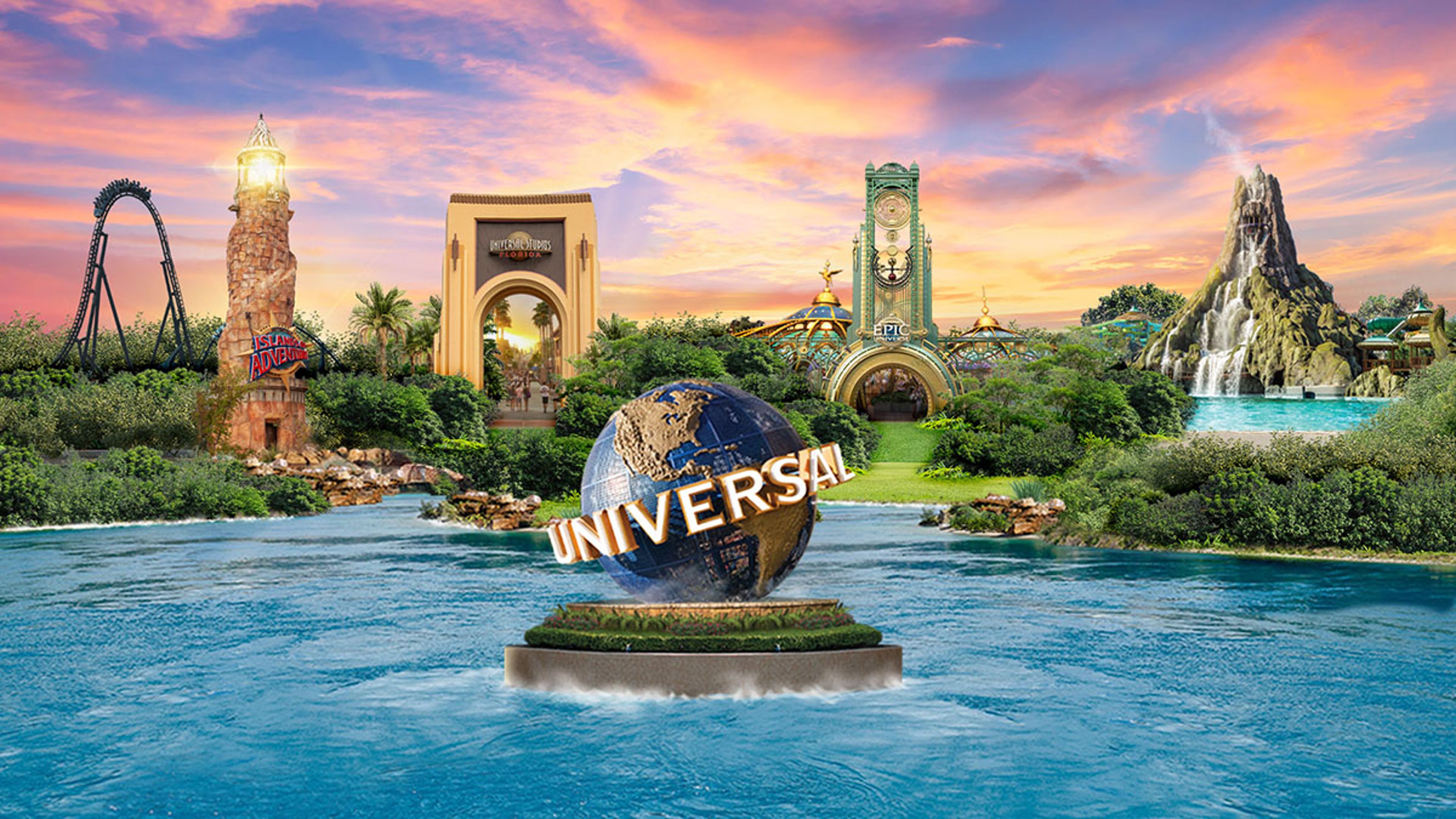 Entrance of Universal Orlando theme park at sunset