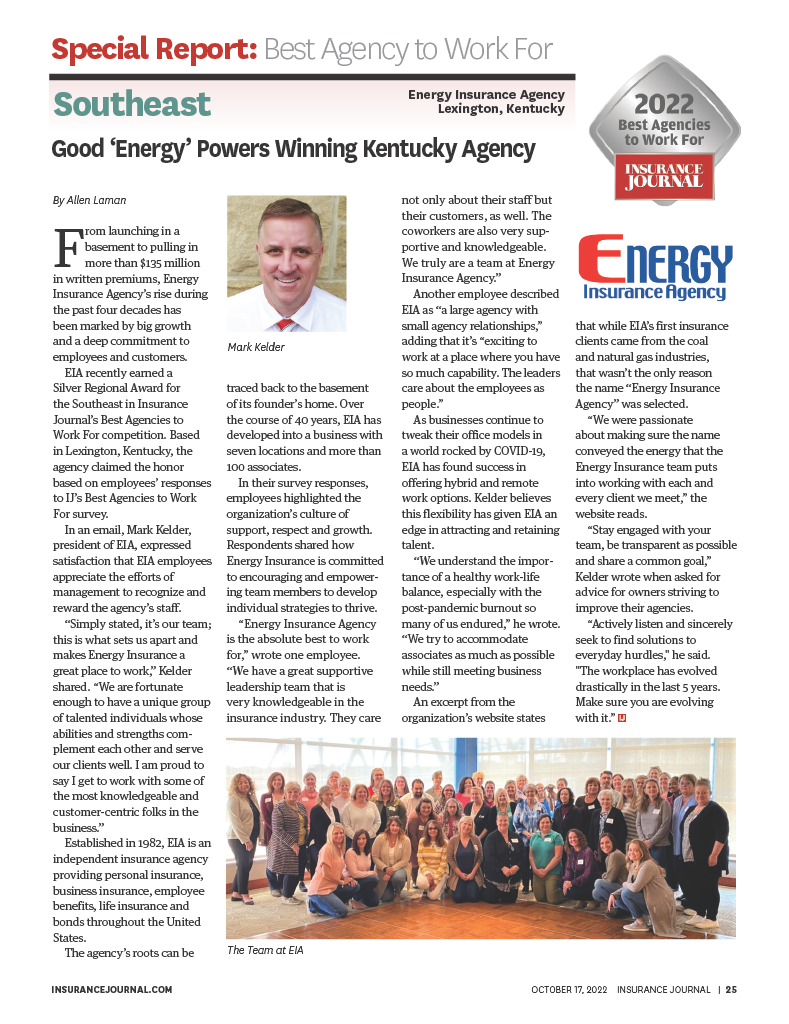 Magazine page article on Energy Insurance Agency, featuring text, a portrait of Mark Kelder, a group team photo, and the agency’s logo
