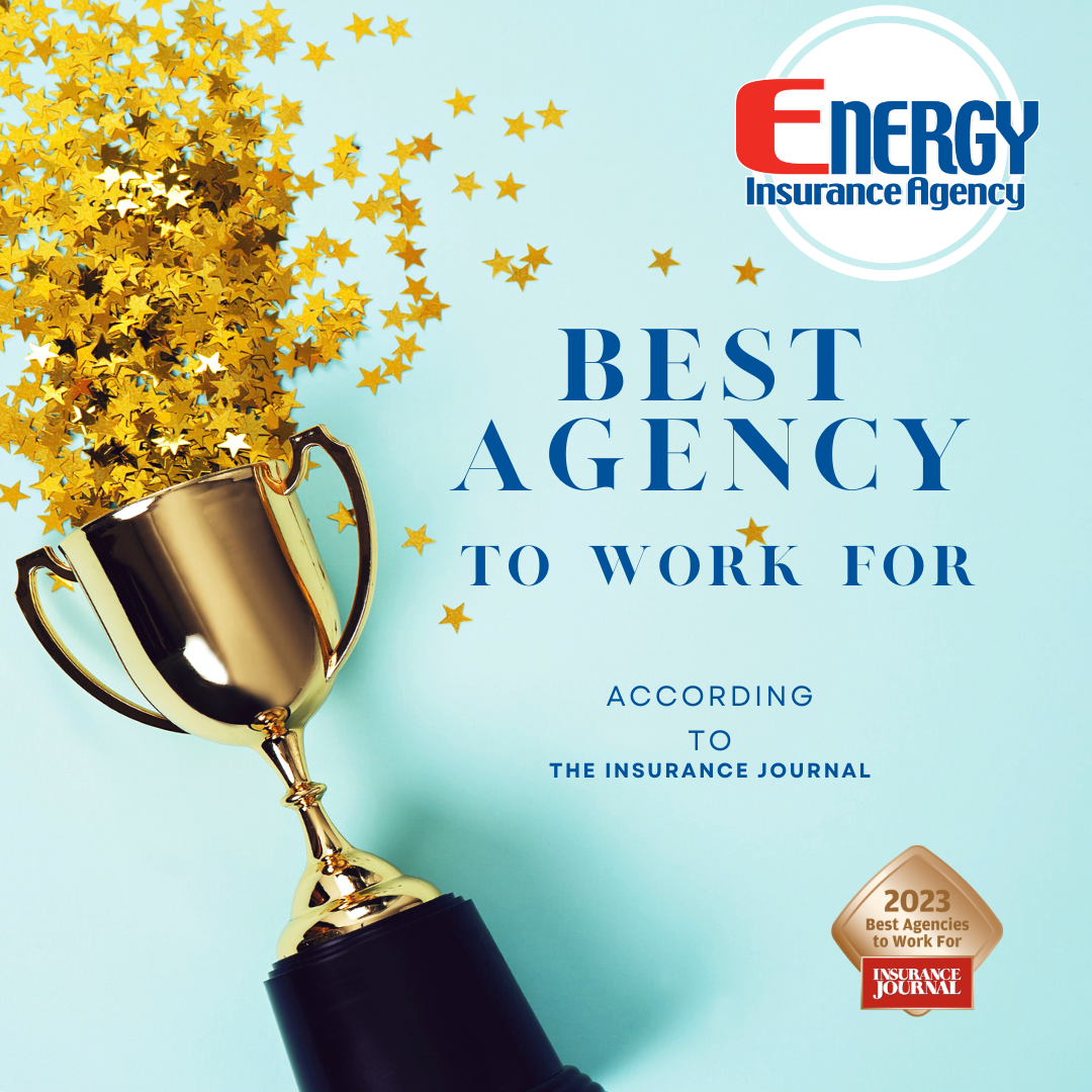 A golden trophy with stars spilling out next to text declaring the agency the best to work for, according to the Insurance Journal.