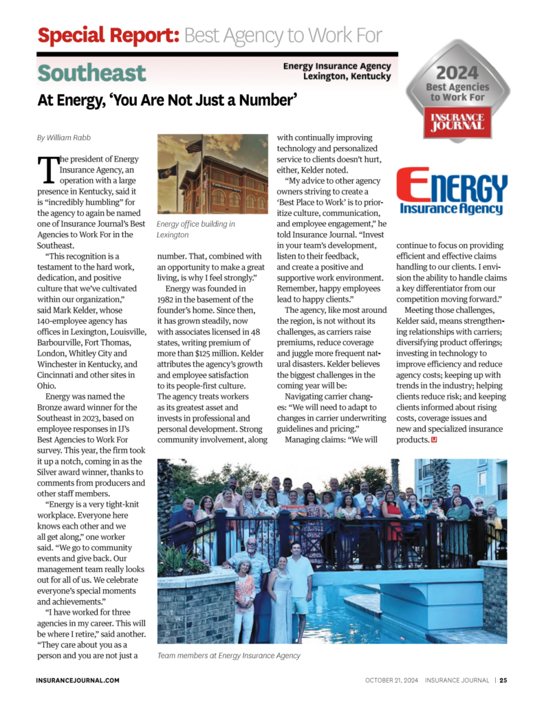 Magazine page featuring an article about Energy Insurance Agency, its achievements, team photo, and awards.