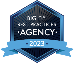 Badge labeled Big I Best Practices Agency 2023 with a blue ribbon.
