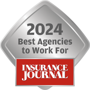 Diamond-shaped emblem with 2024 Best Agencies to Work For and Insurance Journal text.