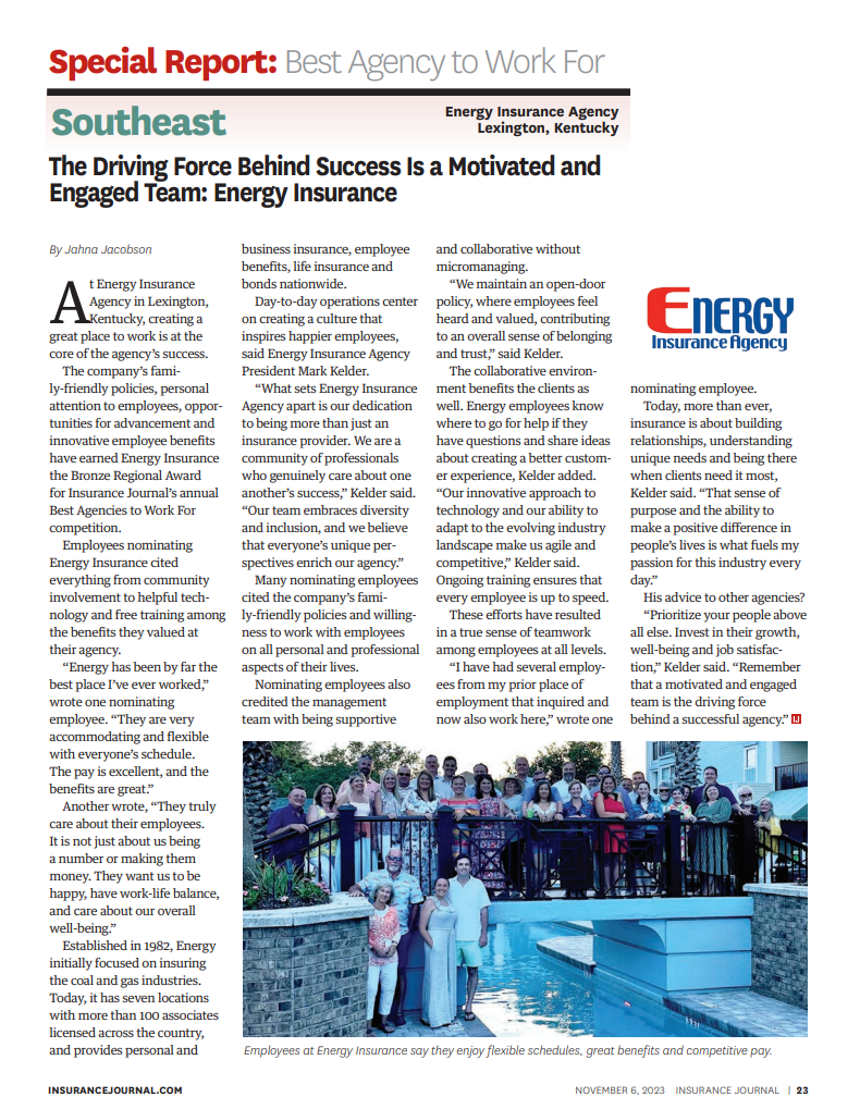 Magazine page featuring an article about Energy Insurance Agency, including text and a group photo of employees around a patio.