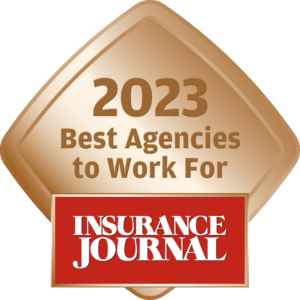 2023 Best Agencies to Work For award from Insurance Journal, featuring a bronze diamond shape with text.