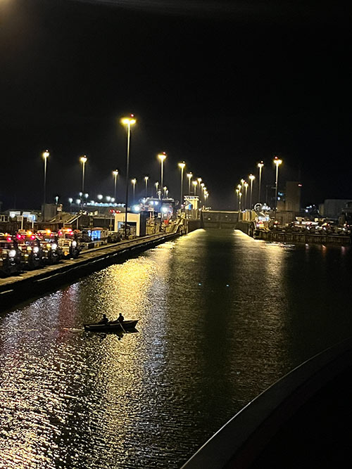 a lock at the Panama canal at night