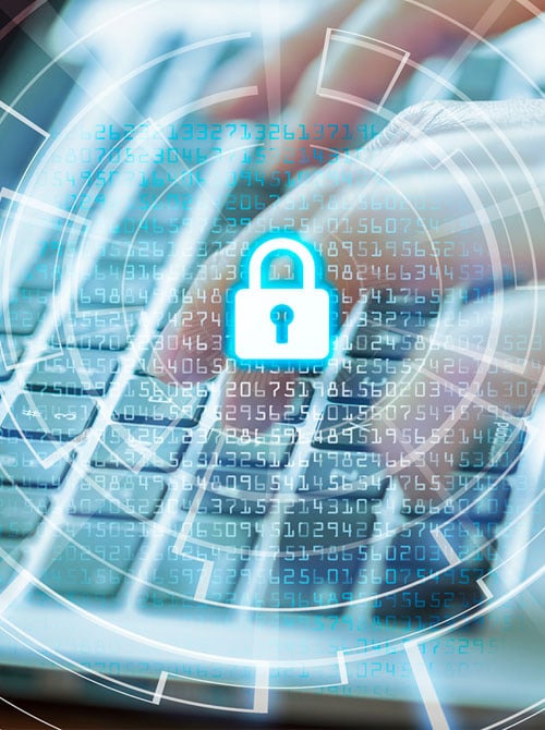 Glowing blue lock in front of faded code numbers and keyboard - privacy policy