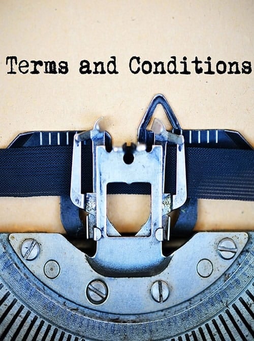 Terms and conditions typed on paper on typewriter