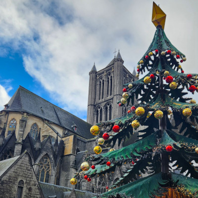 Christmas decorations in town square on Tauck Christmas Cruise Rhine