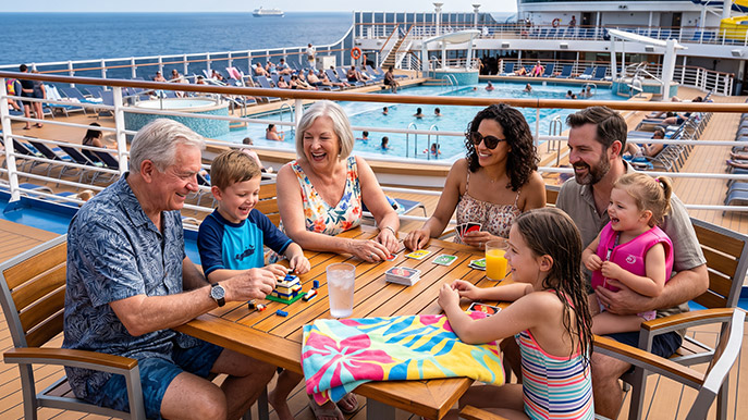 A multigenerational family plays a tabletop game on a cruise ship deck beside a pool and the ocean.