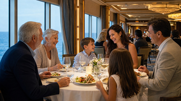 A family of six dine together at a restaurant table overlooking the water.