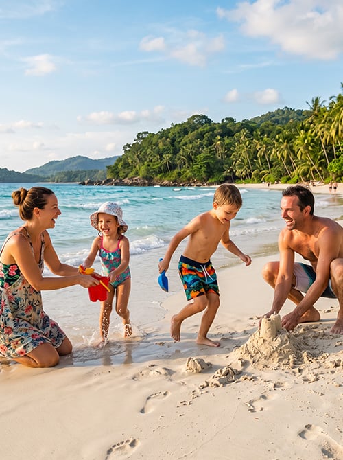 Family of four play with beach toys and build a sandcastle on a sunny tropical beach.