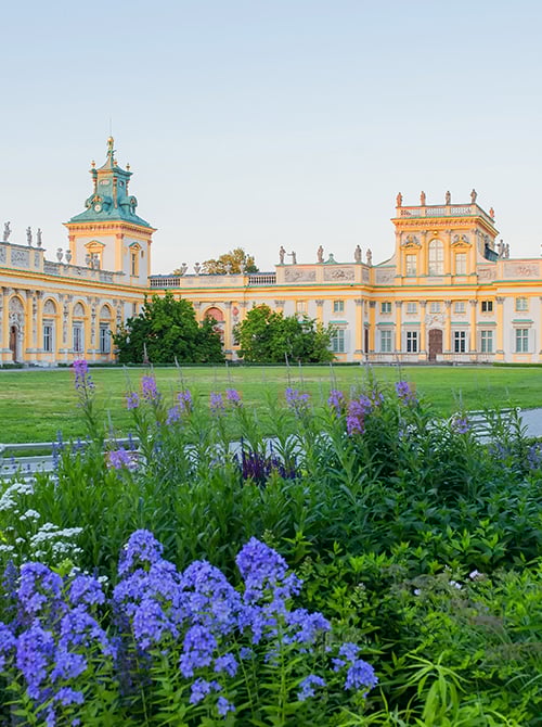 The Royal Wilanow Palace in Warsaw, Poland. View of a gardens and facade.
