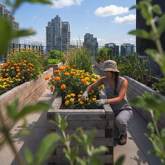 Women tending to her rooftop garden