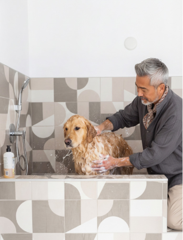 Man washing his dog in a pet wash station
