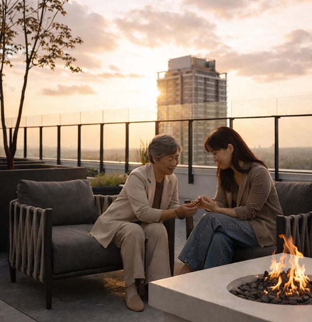 Older lady and younger lady sitting together on balcony in front of a fire pit