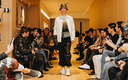 Model walking in the off-white fashion show at Fifteen Fifteen by Bosa Properties